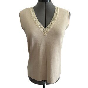 Linda Lucia Beige Sleeveless Y2K Knit Tank Top With Lace-Trimmed V-Neck Size L